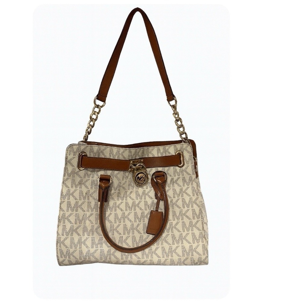 Michael Kors MK Large Logo Hamilton Tote Shoulder Bag Vanilla